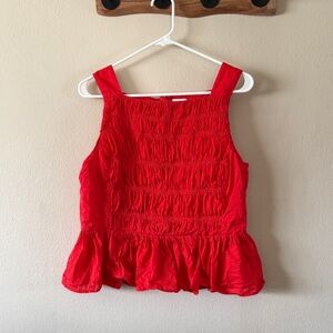 J. Crew Cerise Red Smocked Peplum Tank Top 100% Cotton Coastal Chic size 12